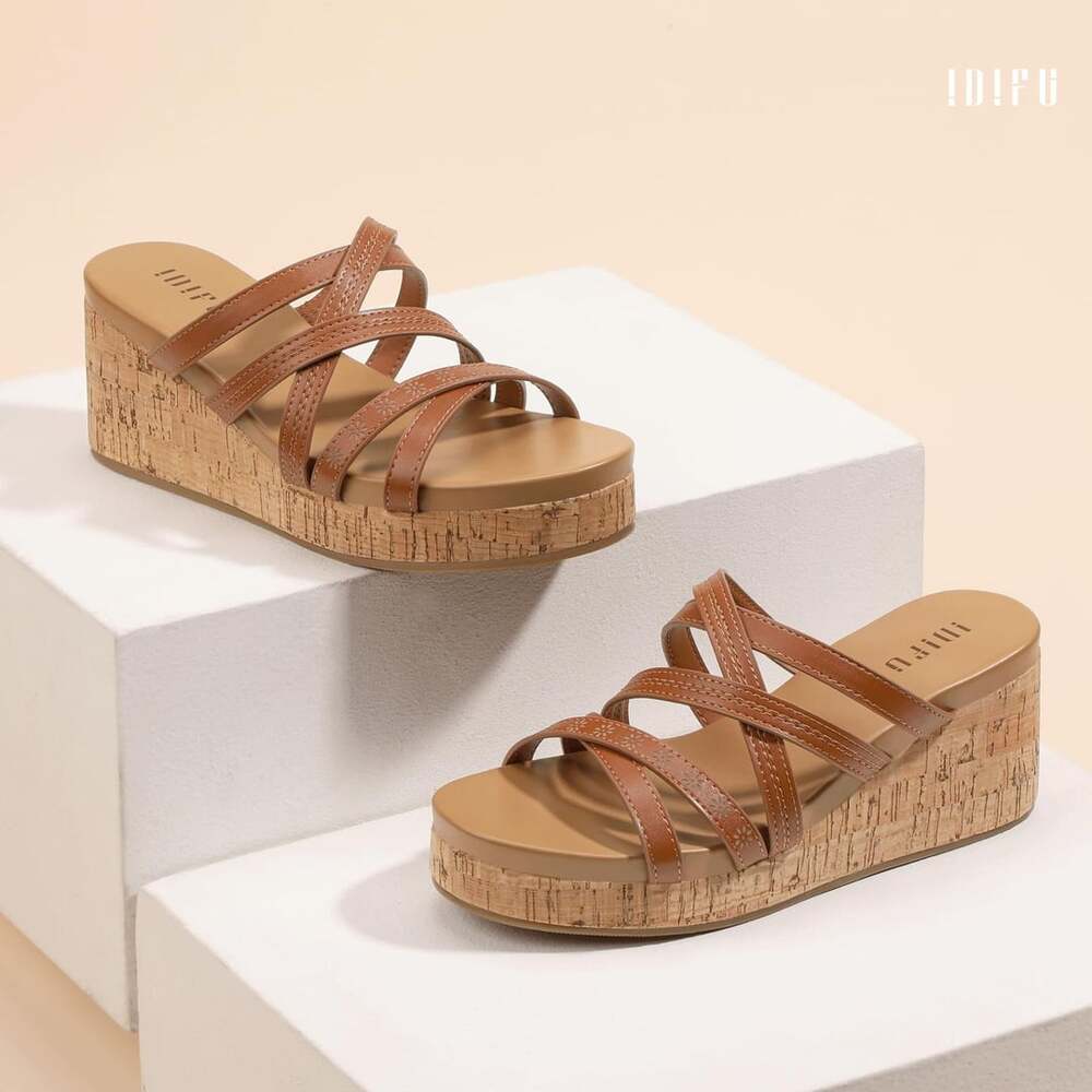 IDIFU Wedge Sandals Brown Platform Slide Shoes